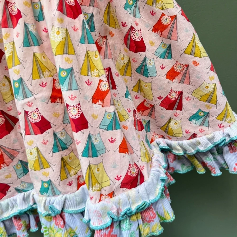 Matilda Jane Girls Size 2 Mixed Print Camping Tent Ruffle Dress Green Pink D1556